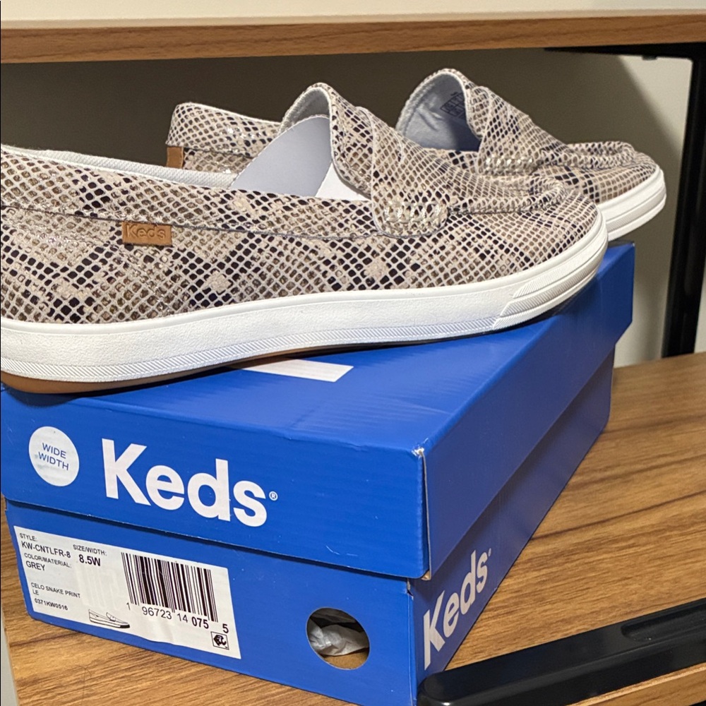Keds Grey and White Snake Print Slip-On Loafers
